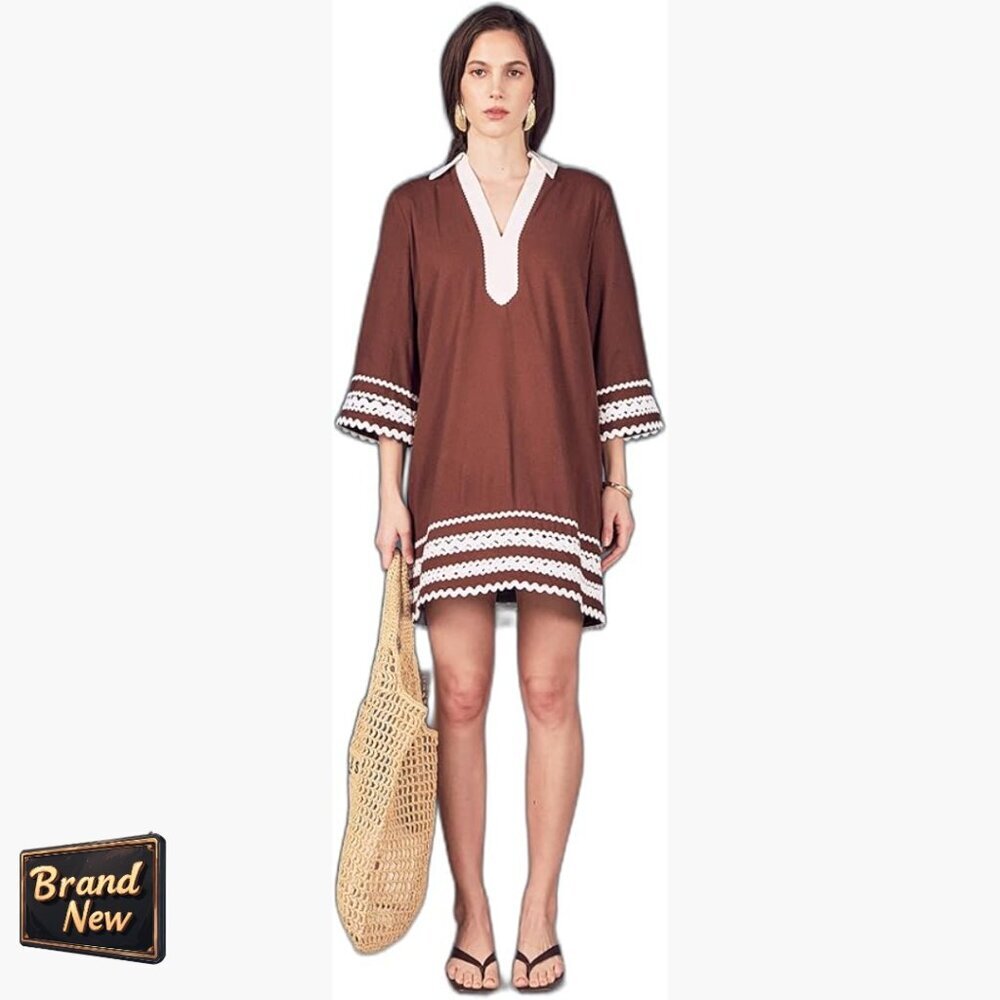 Linen Cotton Tunic Mini Dress A-Line Ric Rac Trim Cottagecore
